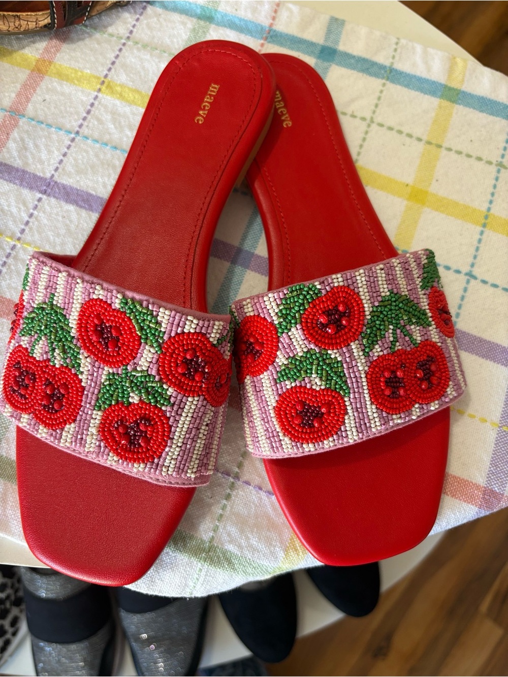 Anthropology Maeve Red Beaded Cherry Slip-On Sandals.  Retails $158